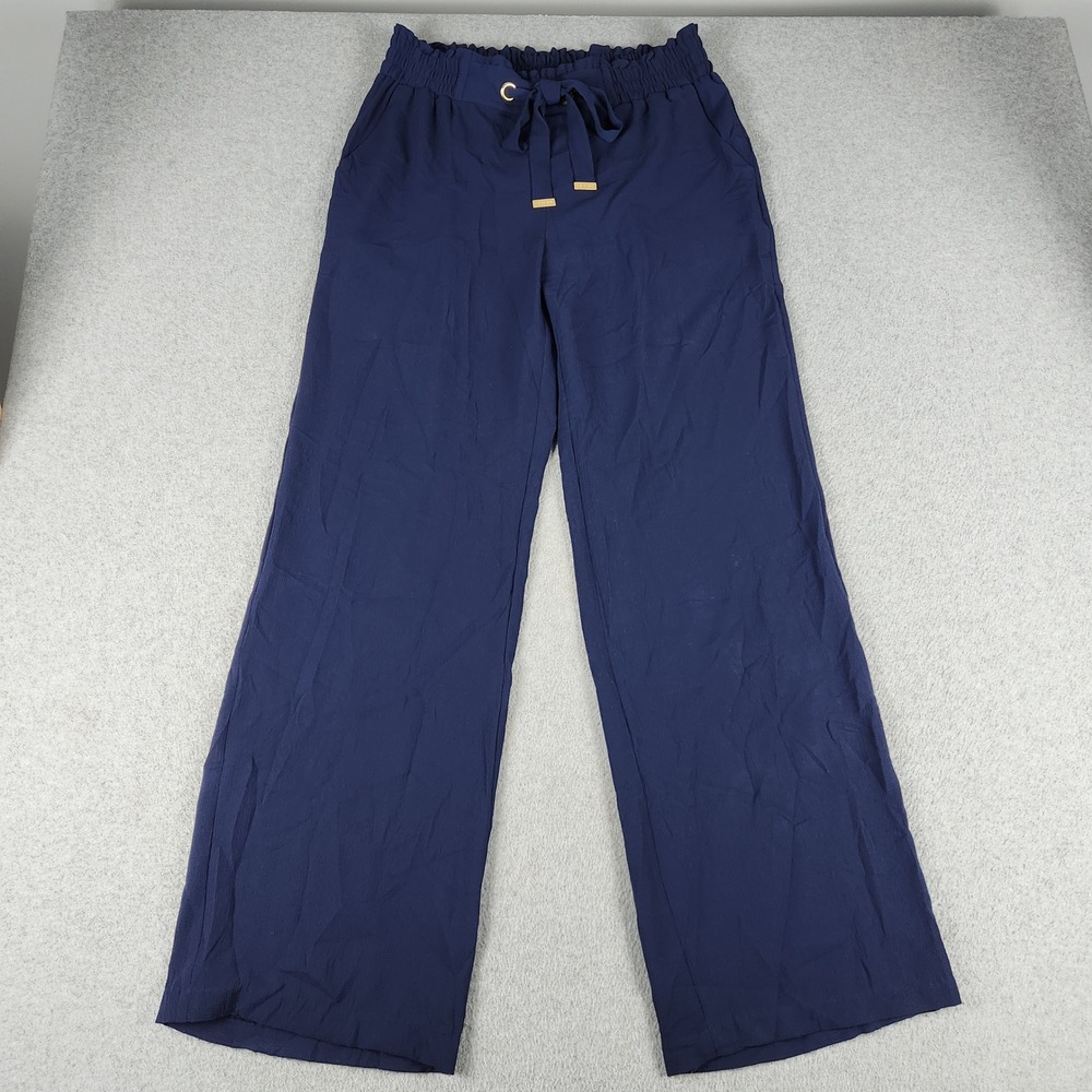 Michael Kors Pants Women Medium Navy Blue Boho Stretch Wide Leg Drawstring Waist